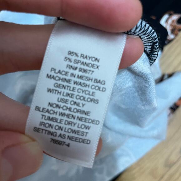 Liz Claiborne 3/4 Sleeve Square Neck Floral Black Rust Orange Split Hem Top L - Picture 4 of 5